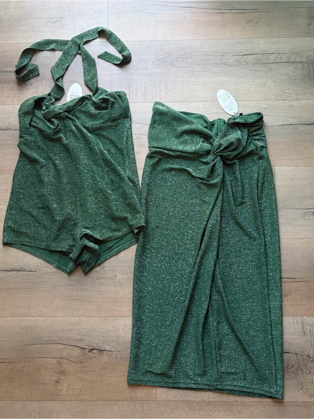Unique Vintage Emerald Green Glitter Playsuit & Skirt